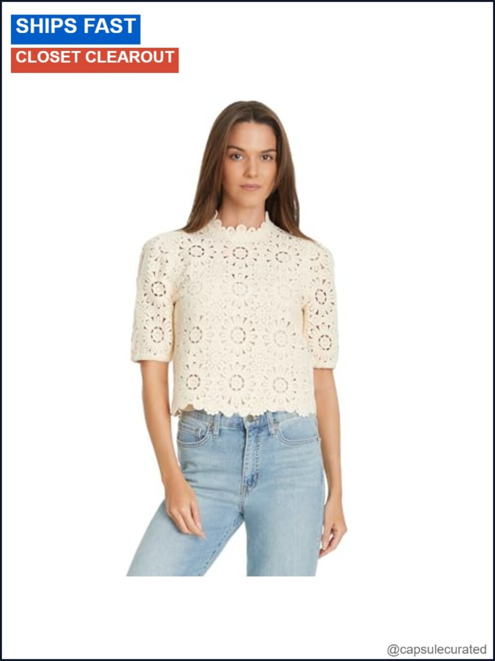 Crochet Knit Short Sleeve Sweater Scallop Neck Zipper Back